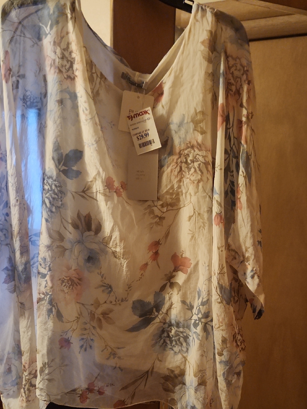 Floral Sheer Blouse - Cream with Blue & Pink Floral Print